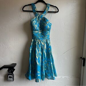 Cache Turquoise Gold Metallic Halter Dress Y2K Silk Prom Goddess Cocktail Sz 2